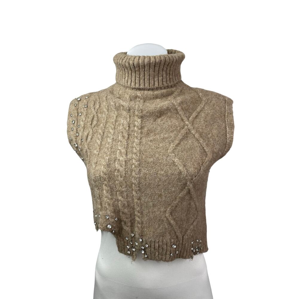 Zara Jewel Womens Wool Rhinestone Sleeveless Turtle Neck Crop Sweater Vest Top S